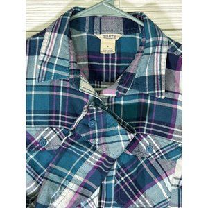 Duluth Trading Women's Small Flannel Plaid Shirt L/S Button Roll Tab Aqua Purple